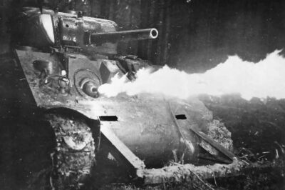 Sherman flamethrower operates its terrifying weapon, somewhere in Europe in 1944.