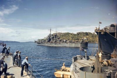 Shocking WWII Naval Encounter: The Brooklyn-Class Light Cruiser USS St. Louis (CL-49) at Tulagi in 1943—How She Slipped Past a Gathering of Allied Ships, Including the Vital Oiler USS Lackawanna, in the Perilous Waters of the Solomon Islands!