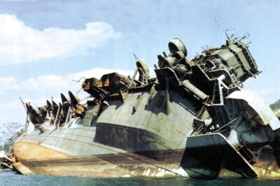 Imperial Japanese Navy’s aircraft carrier Amagi capsized after a US Navy air raid, Kure, Japan, 1946.