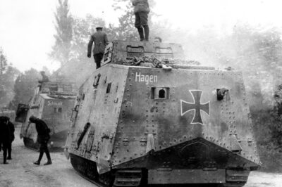 WW1 German tanks ‘Hagen’ and ‘Schnuck’ near Soissons, France 1918.