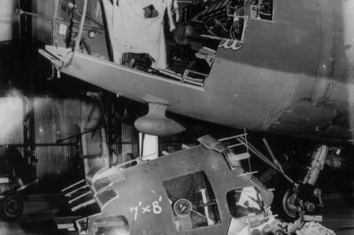 A damaged B-17 Flying Fortress (42-3136) nicknamed “No Balls At All” of the 351st Bomb Group gets a new nose section from another damaged Fortress.