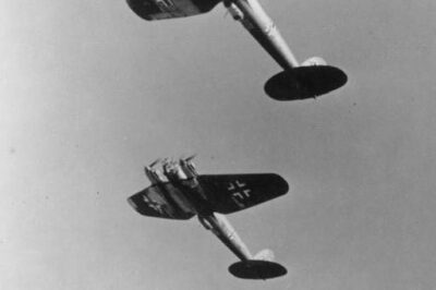 A formation of Heinkel He 111 medium bombers in flight. The He 111 was the Luftwaffe’s most numerous bomber during the Battle of Britain, tasked with breaking Britain’s defenses in 1940.