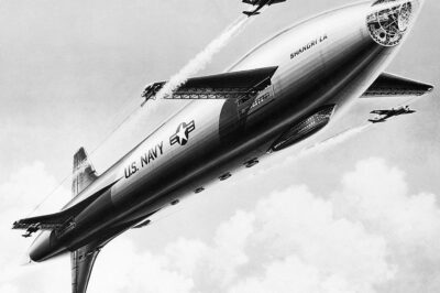 Revolutionary “Super-Dirigible” Aircraft Carrier Proposed: A Game-Changer for Deep Strikes!  An artist’s vision unveils a proposed “super-dirigible” aircraft carrier designed to carry atomic bombers deep into enemy territory. Towering over the Macon and Akron, this massive craft would feature a unique central tube storing aircraft, surrounded by helium-filled compartments. Powered by 8 jet engines, this 1,350-foot behemoth could reach speeds over 300 mph!