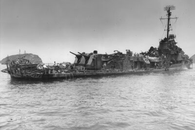 USS Aaron Ward DM34 after being hit by six Japanese planes off Okinawa, May 1945.