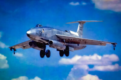 This unconventional design, which made its maiden flight October 28 1949, was equipped with three General Electric J47 engines—an unusual configuration for a combat aircraft. Two of the engines were mounted in pods beneath the forward fuselage, while the third was positioned at the extreme tail, with its intake located at the base of the tailfin.