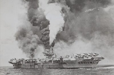 Illustrious-class aircraft carrier HMS Formidable on fire after being struck by a Japanese kamikaze on May 4th 1945.
