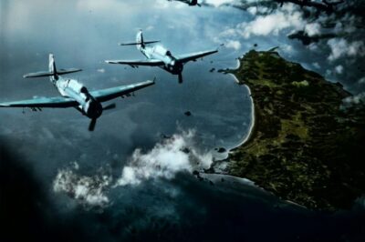 Six TBM-3 Avengers from Torpedo Squadron 6 flying off the carrier Hancock during a raid on Amami-O-Shima in the Okinawa Campaign, April 4 1945.