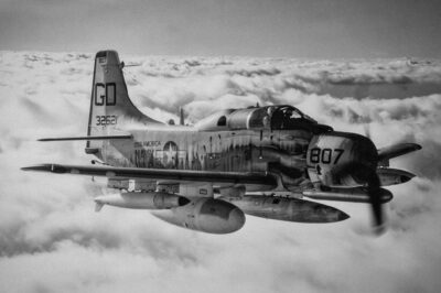 Douglas EA-1F Skyraider (BuNo 132621) of Airborne Early Warning Squadron VAW-33 Det.66 “Night Hawks” in flight. VAW-33 Det.66 was assigned to Attack Carrier Air Wing 6 (CVW-6) aboard the aircraft carrier USS America (CVA-66) in 1965.