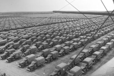 US made Studebaker and Chevrolet trucks at a Soviet Army depot in Mozhaysk, west of Moscow, August 1944.