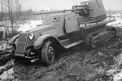 The impressive Soviet ZiS-41 halftrack during the Winter of 1942. The vehicle was designed with two different guns, a 57 mm and a 122 mm. The vehicle was plagued with issues and never saw mass production.