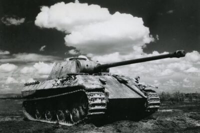 A Panther tank selected as a humble range target for practice in Germany, 1948.