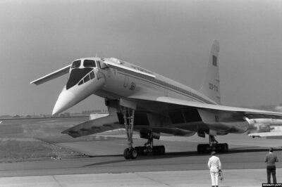 A Tu-144 is displayed during the International Paris Air Show on June 4, 1975, at Le Bourget airport.
