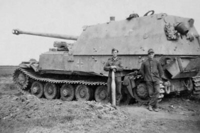 The crew of a Ferdinand tank destroyer from the 653rd Heavy Panzerjäger Battalion poses with an 88mm tungsten-cored armour-piercing round during the Battle of Kursk, 1943.