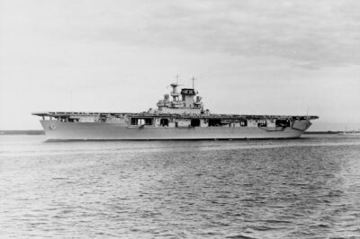 The U.S. Navy aircraft carrier USS Wasp (CV-7) en route to sea from Guantanamo Bay, Cuba, circa in 1940.