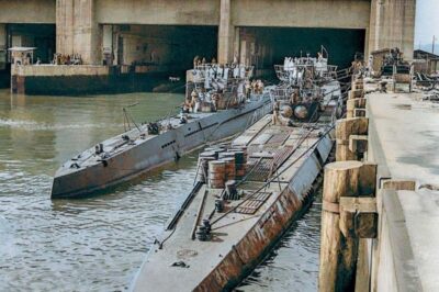 U-995 Type VIIC/41 and U-861 Type IXD2 at the German submarine base Dora I in Trondheim after the surrender.