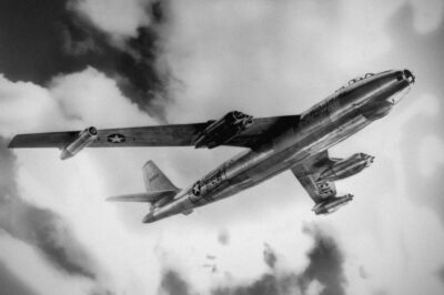 B-47A Stratojet in flight near the Boeing factories in Wichita, Kansas, date unknown.