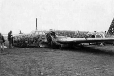 A Japanese Ki-21 bomber after its belly landing at Yontan Airfield, where it deployed commandos among parked U.S. aircraft. This raid, part of the Battle of Okinawa, was one of the few Japanese airborne operations of the Pacific War.